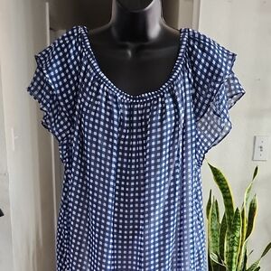 St. John's Bay Navy Blue Gingham Ruffle Sleeve Blouse